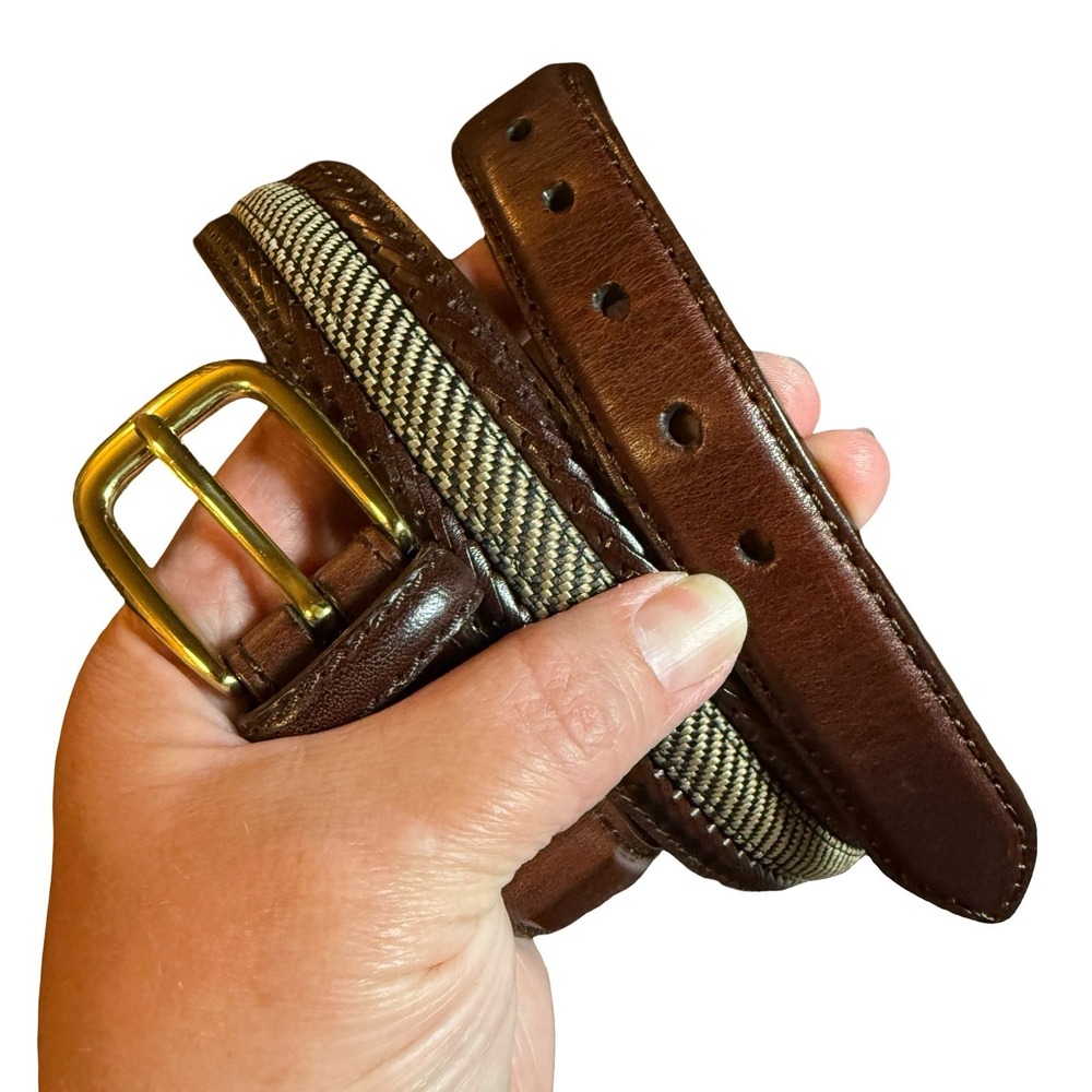 Brighton Mens Brown Leather VTG Camden Fabric Inlay Belt Solid Brass Buckle 38